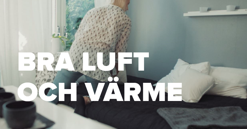 Foto av kvinna i vardagsrum med texten "Bra luft och värme"