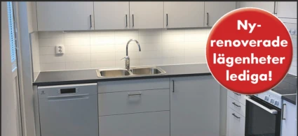 Foto av nyrenoverat kök och texten "Nyrenoverade lägenheter lediga!"